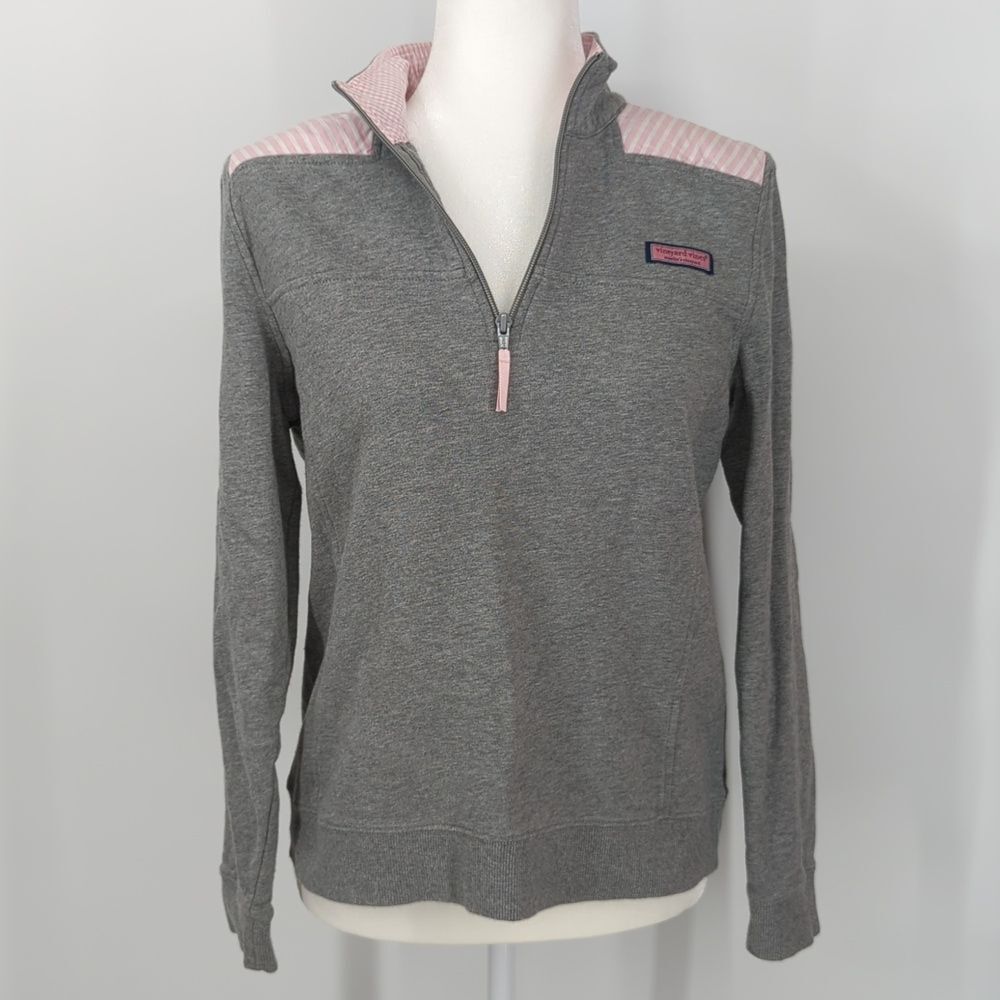 Vineyard Vines Grey and Pink 1/4 Zip Cotton Sweatshirt Jacket Size Medium